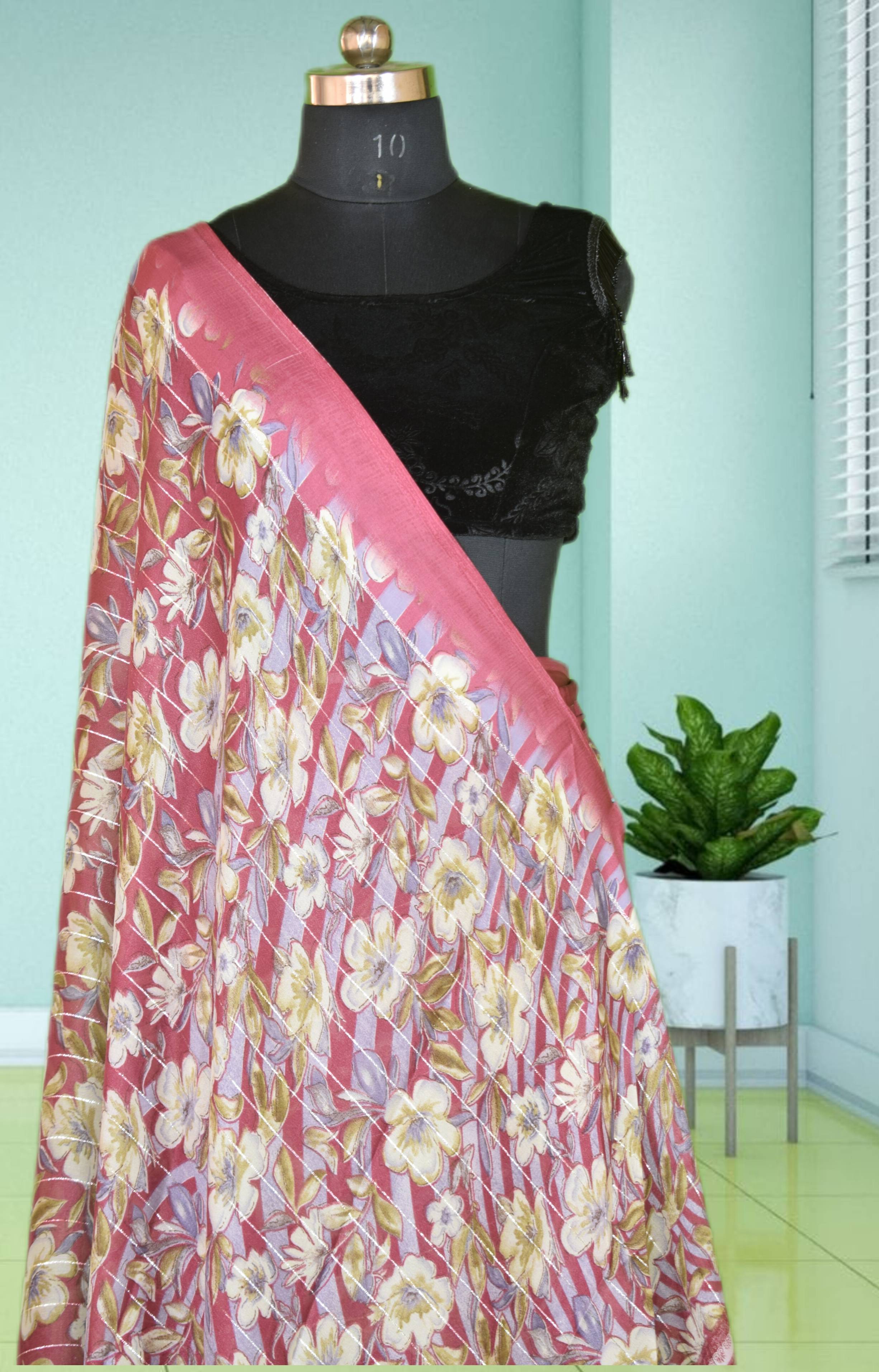 Elegant Shimmer saree in Jabalpur featuring a satin patta and intricate floral work, ideal for ethnic occasions. - Image 3