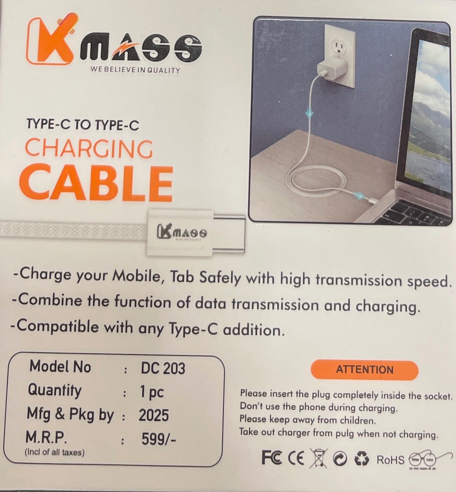 Durable Kmase DC 203 Type-C to Type-C Fast Charging Data Cable with anti-knotted design, perfect for fast charging and data t - Image 1