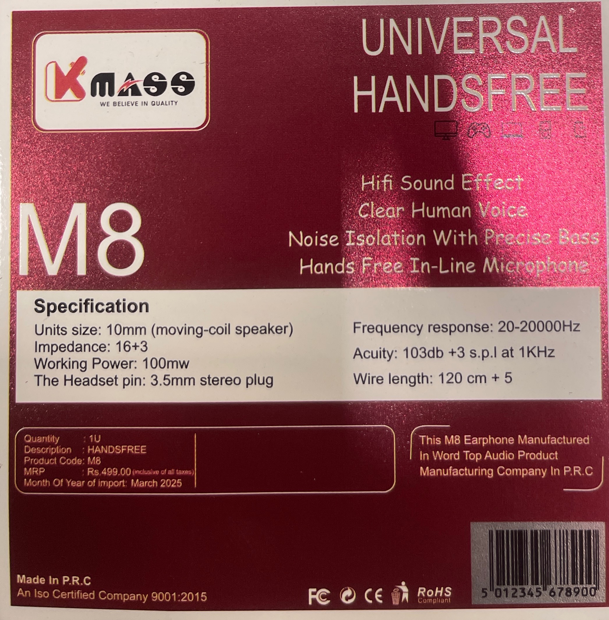 Kmoss M8 Universal Handsfree featuring a sleek design, comfortable ear fit, and high-quality audio performance in Bellary. - Image 1