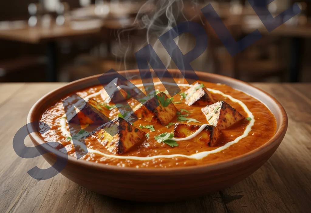 Delicious Kadai Paneer Dish served in a bowl, featuring soft paneer cubes in rich, spicy tomato gravy, garnished with herbs —