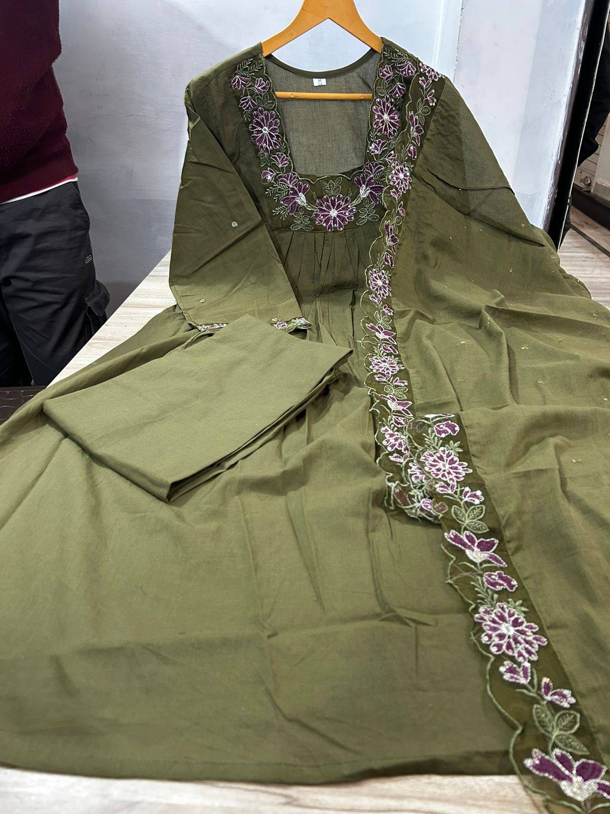 Ladies 3 Piece Set featuring an embroidered kurta, cotton pants, and a malmal dupatta in pure cotton from RIDDHI FASHION, Vas - Image 1
