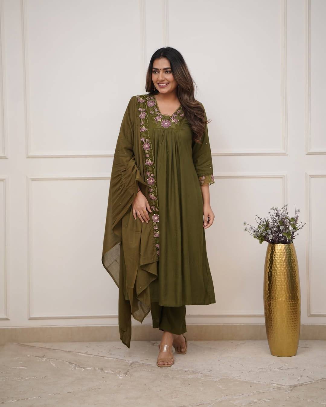 Ladies 3 Piece Set featuring an embroidered kurta, cotton pants, and a malmal dupatta in pure cotton from RIDDHI FASHION, Vas - Image 2