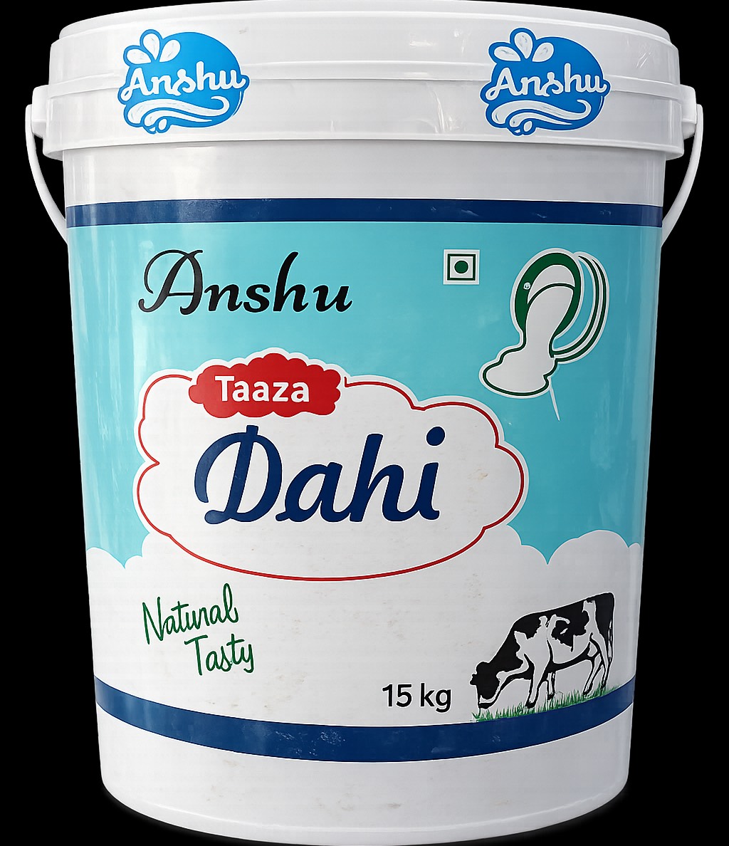 A large 15kg tub of Anshu Taaza Dahi showcasing its creamy texture, perfect for bulk use in DARBHANGA.