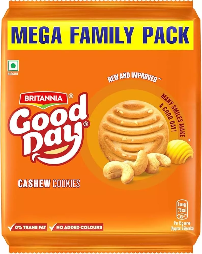 Britannia Good Day Cashew Cookies Mega Family Pack displayed prominently with cookies showing rich cashew pieces, available a