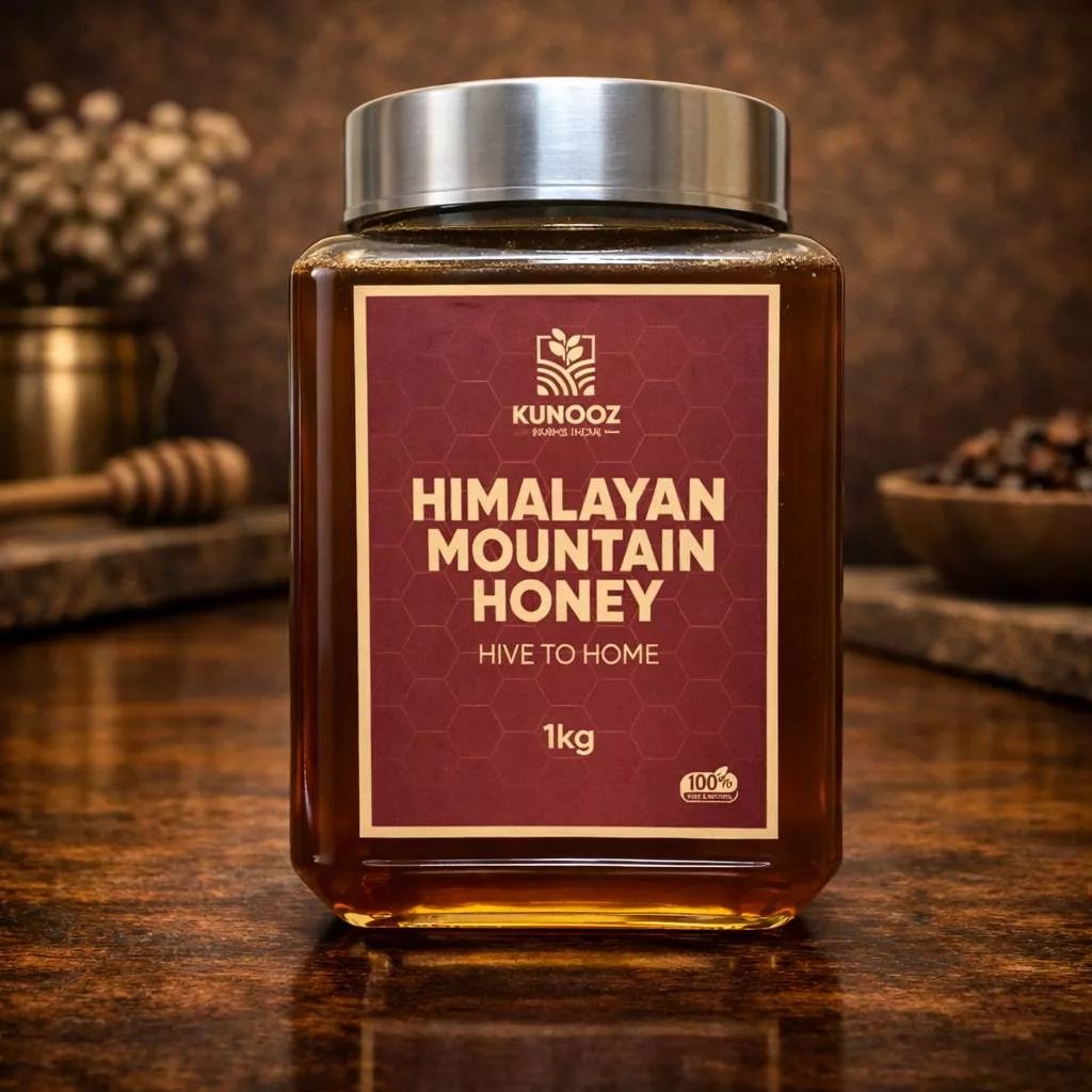 Golden, viscous Himalayan Mountain Honey in a jar with a wooden dipper, showcasing its rich color and texture — Himalayan Mou
