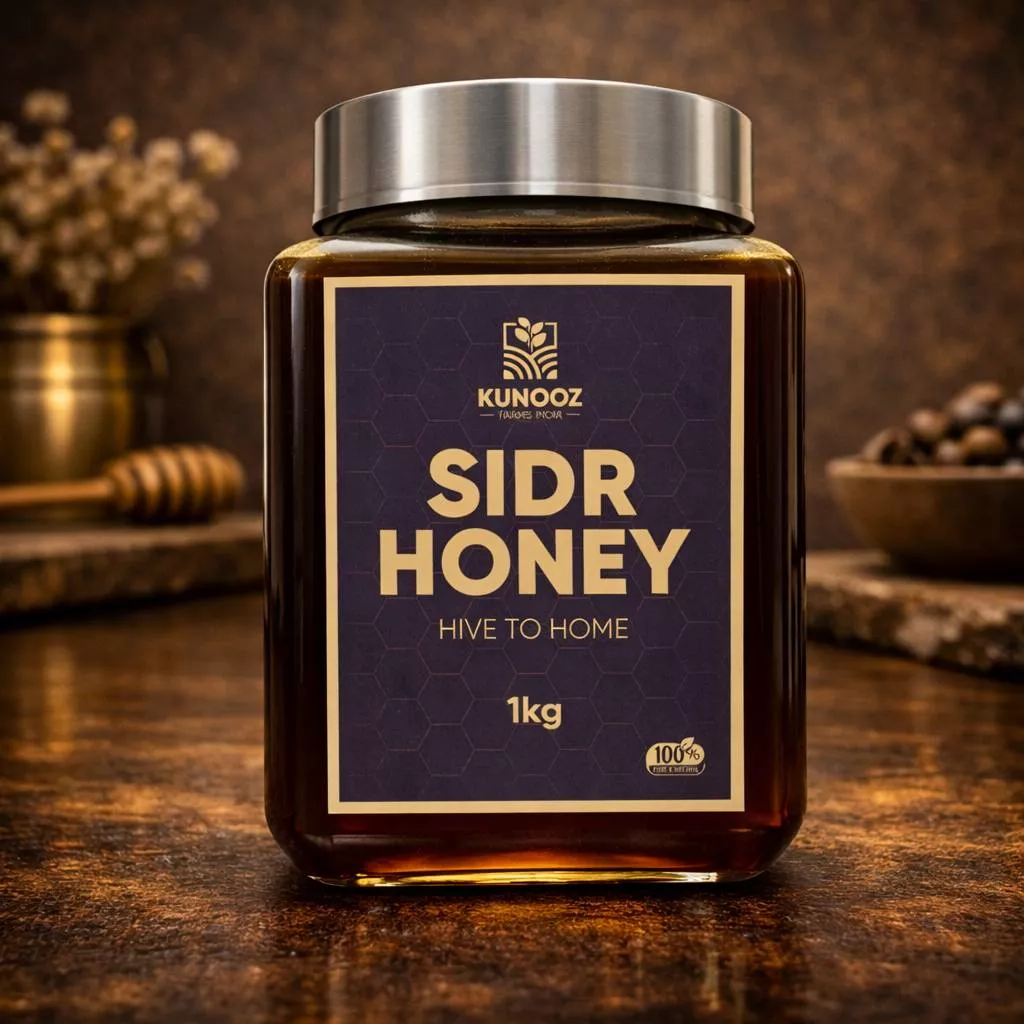 Pure Kunooz Sidr Honey in a 1kg jar, showcasing its rich golden color and premium quality in Hyderabad