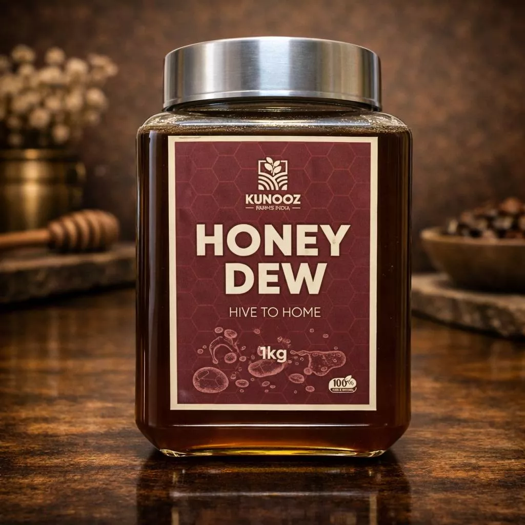 Bottle of Honey Dew Honey showcasing its rich, golden color, sourced directly from beehives in Hyderabad, perfect for sweeten