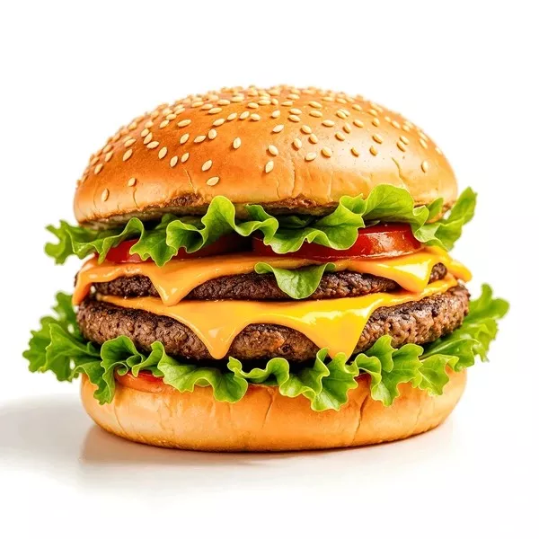 Juicy double beef burger with cheddar cheese, lettuce, and tomatoes from RELOAD in Kapurthala, served fresh and delicious.