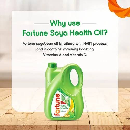 Refined soybean oil bottle with a label indicating Fortune Soya Health Refined Soybean Oil in MAHADEVPUR, showcasing a clear  - Image 1