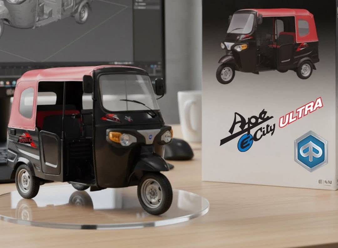 Die-Cast Model Ape E-City Ultra electric auto rickshaw replica from UNIVERSAL AUTOMOBILES in Srinagar, showcasing intricate d - Image 1