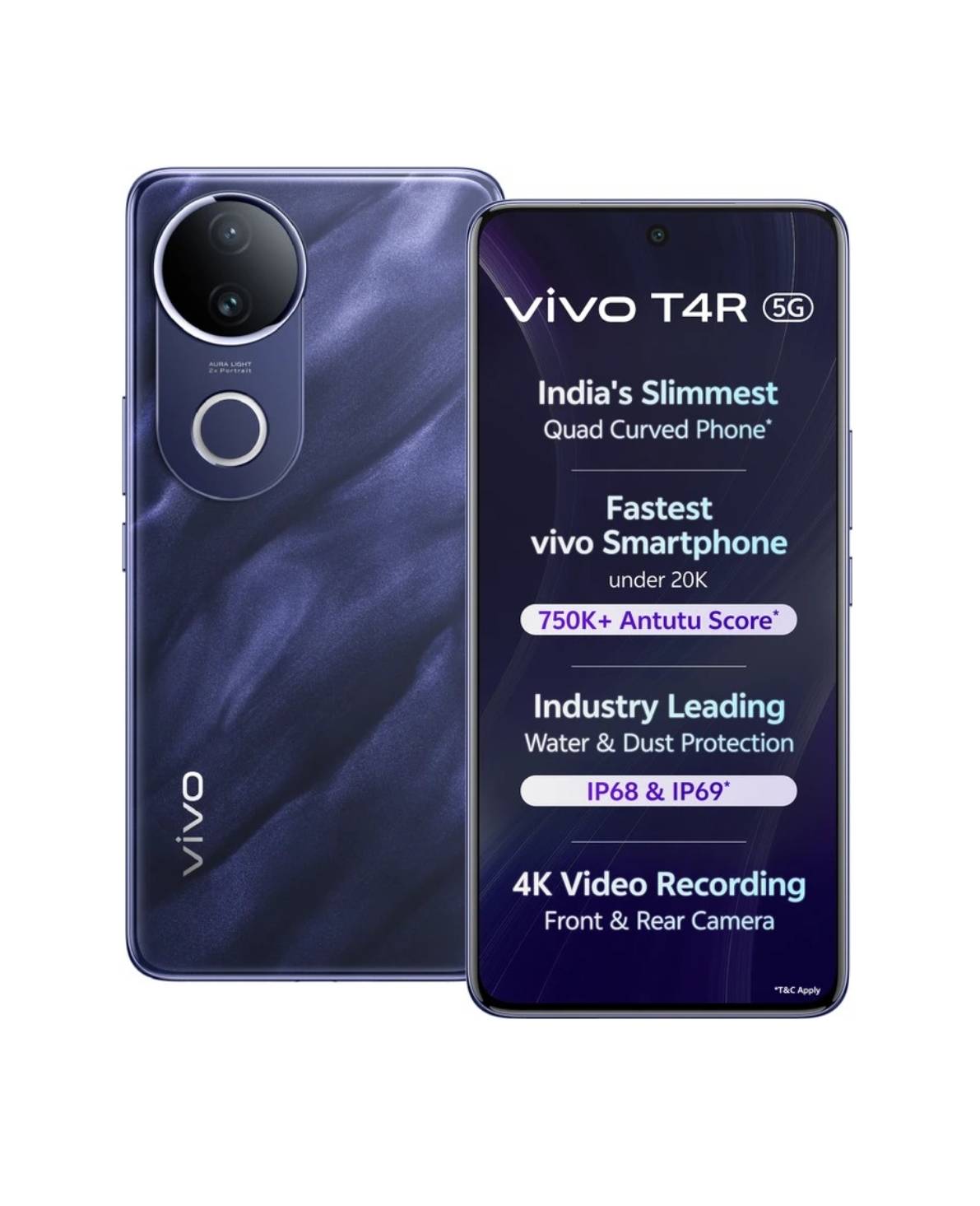 VIVO T4R 5G smartphone featuring a Dimensity 7400 processor, 12GB RAM, 256GB storage, sleek design displayed against a neutra