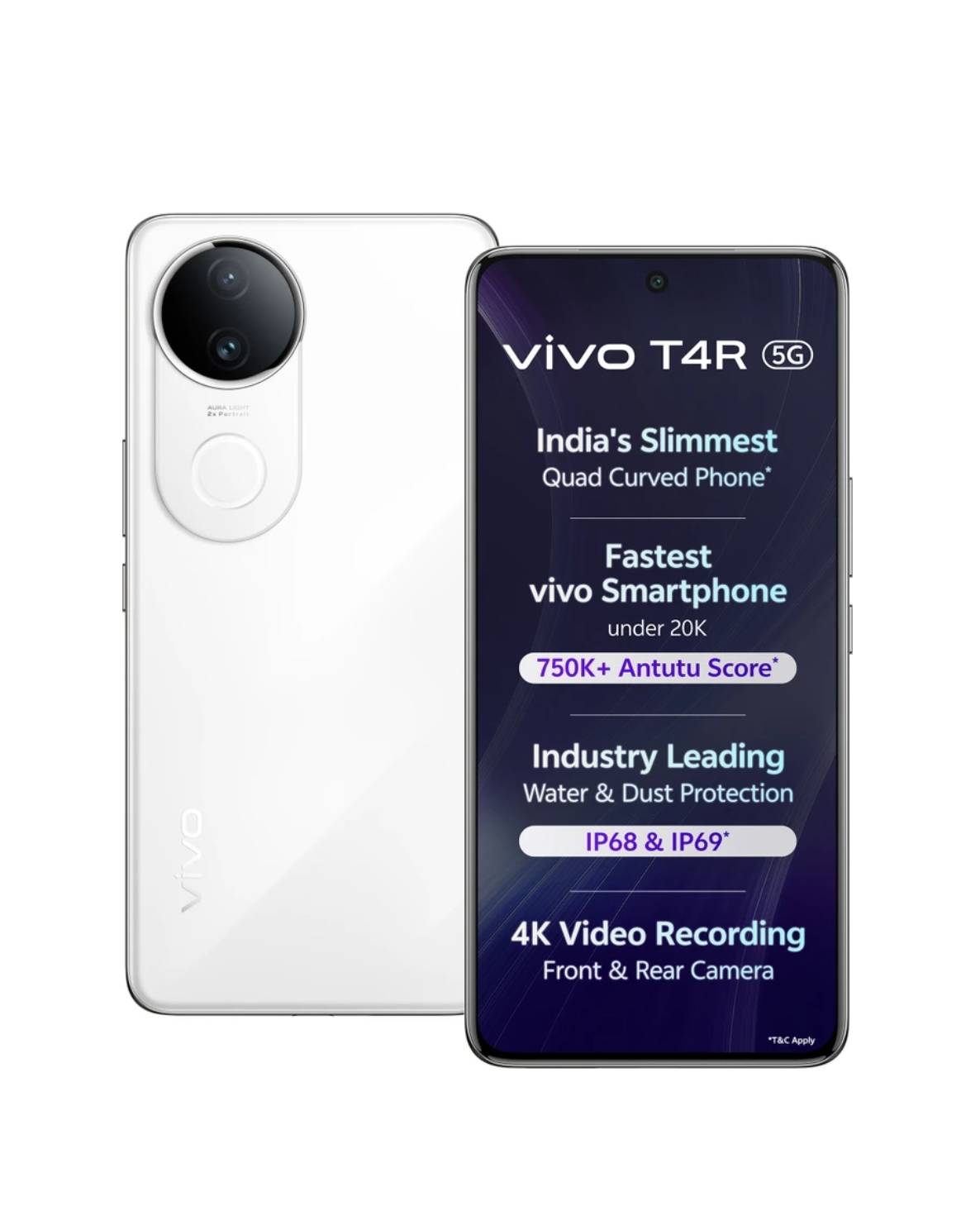 VIVO T4R 5G smartphone featuring a Dimensity 7400 processor, 12GB RAM, 256GB storage, sleek design displayed against a neutra - Image 1