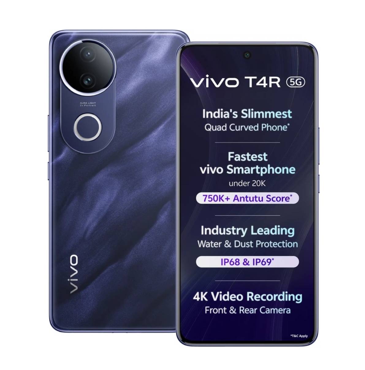 VIVO T4R 5G smartphone showcasing its sleek design, 8GB RAM, and 256GB storage available at GMS WORLD in Barabanki. - Image 1