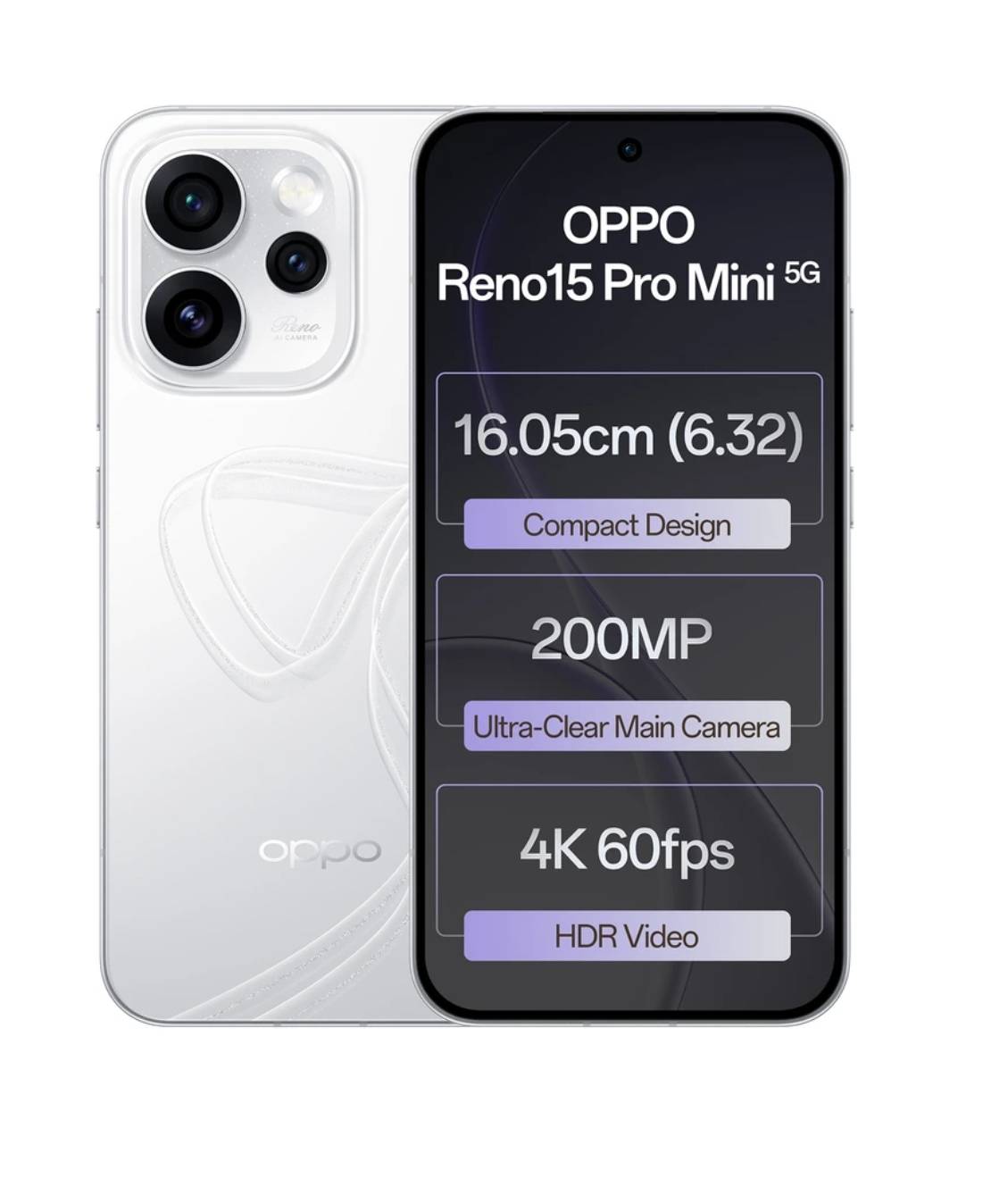 OPPO Reno 15 Pro Mini 5G smartphone featuring a sleek design, Dimensity 8450 processor, 12GB RAM, and 512GB storage, showcase