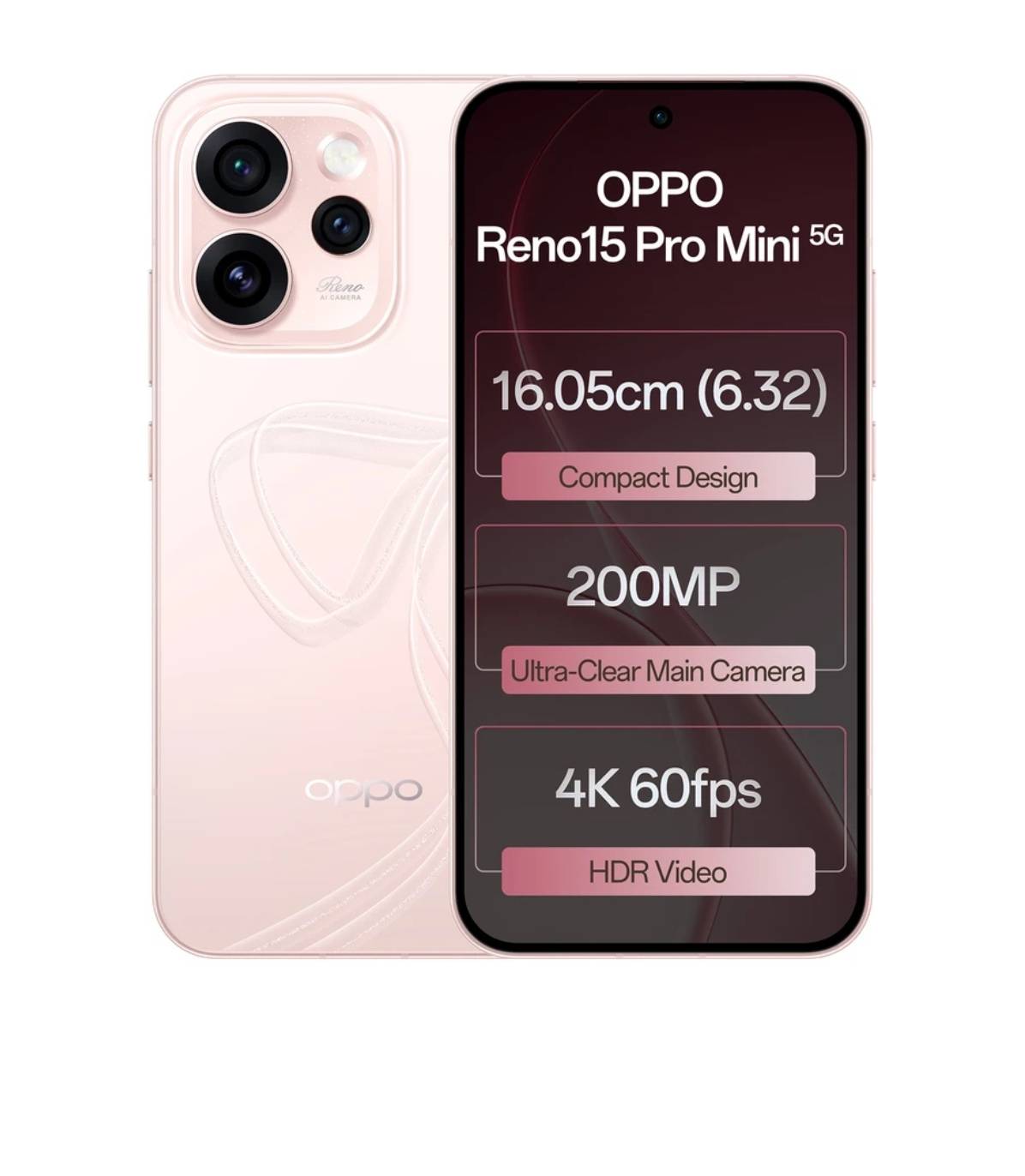 OPPO Reno 15 Pro Mini 5G smartphone featuring a sleek design, Dimensity 8450 processor, 12GB RAM, and 512GB storage, showcase - Image 1