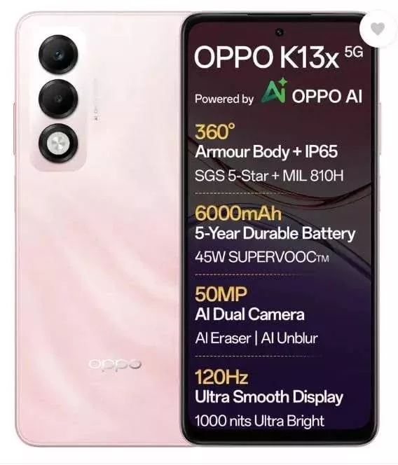 OPPO K13x 5G Smartphone in Star color featuring an AI camera, sleek design, and fast charging capabilities available in Gopal