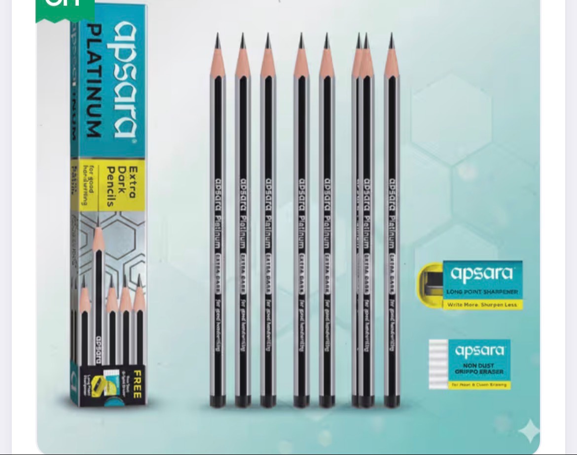 Apsara Platinum Extra Dark Pencils Set with sharpener and eraser displayed on a clean surface, designed for deep shading in P