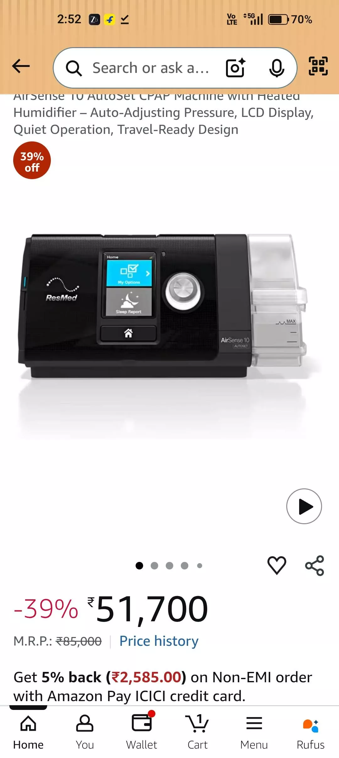 CPAP Machine AirSense 10 AutoSet with heated humidifier, designed for comfortable sleep therapy, available in LABBIPET.