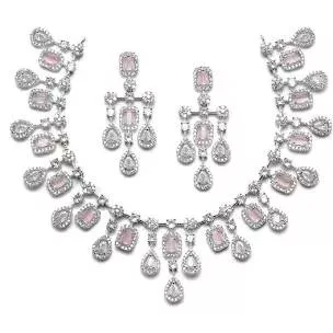Elegant silver plated necklace set adorned with pink stones, showcasing intricate design details, available at LAMBA JEWELLER