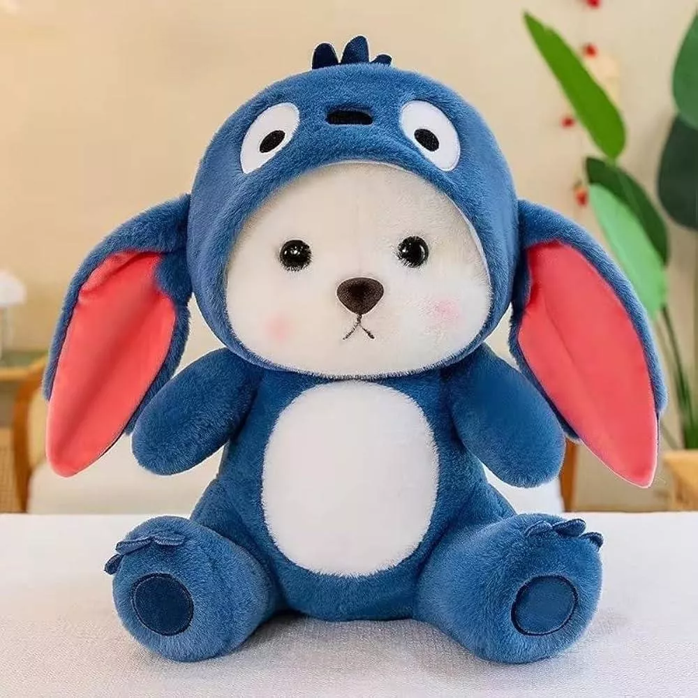 Cuddly blue bunny plush toy for children, featuring soft fabric and a friendly expression, available at SHARMA POOJA BHANDAR 