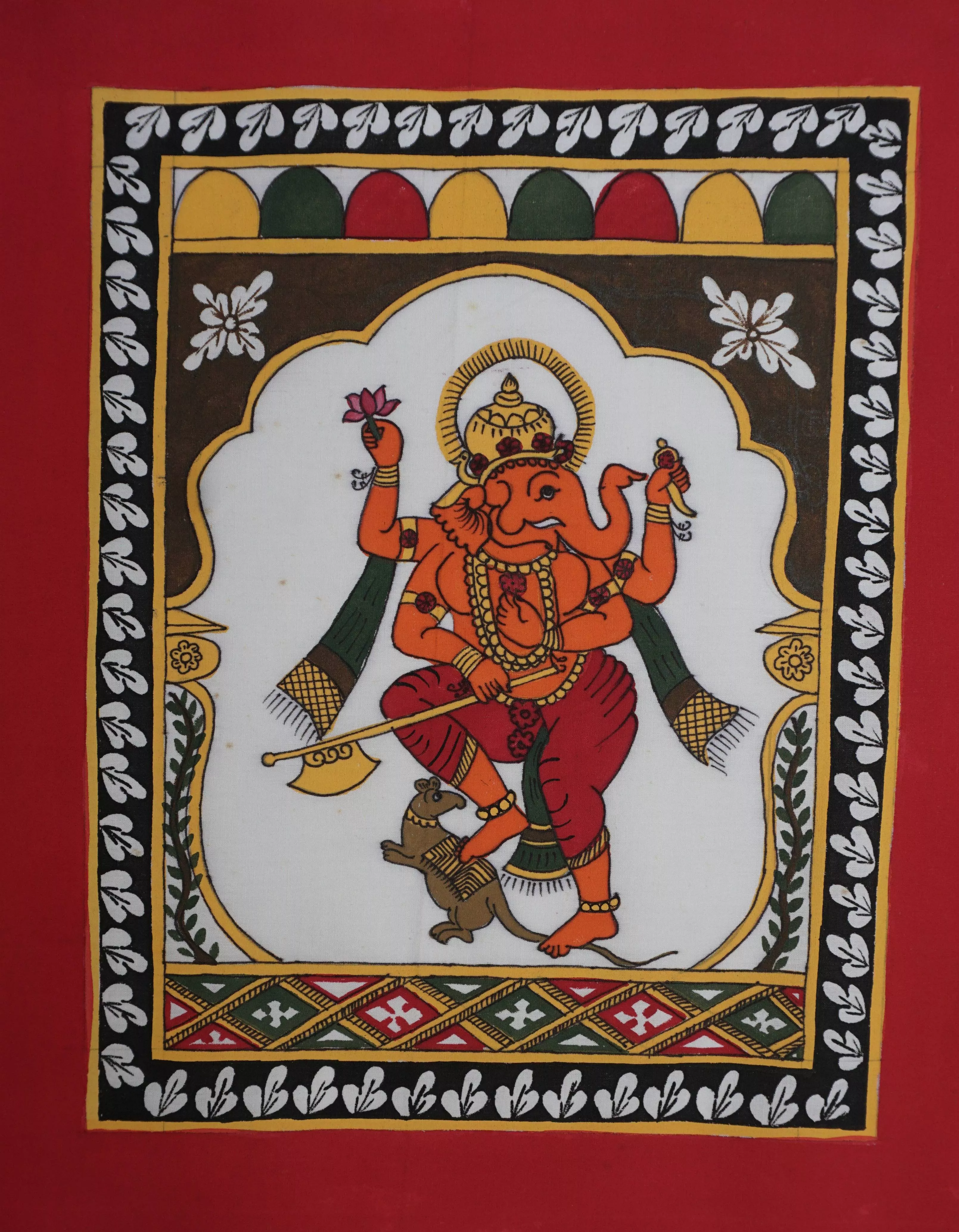 Rajasthani Phad Artwork of Dancing Ganesha, an 18x18 inch piece showcasing intricate designs, symbolizing prosperity, availab