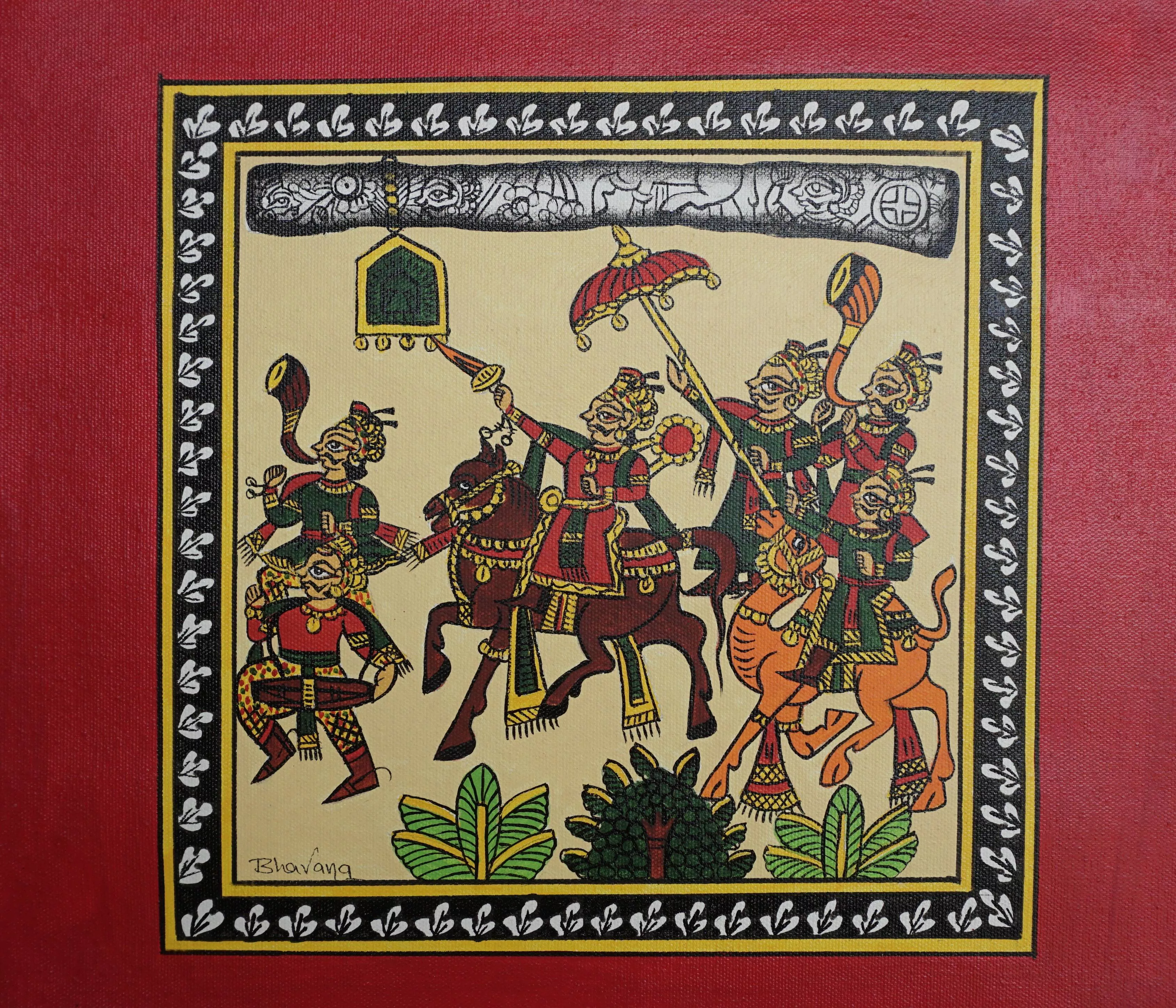 Traditional Rajasthani wall art showcasing a royal procession in vibrant colors, measuring 18x18 inches, available at CHITRAB