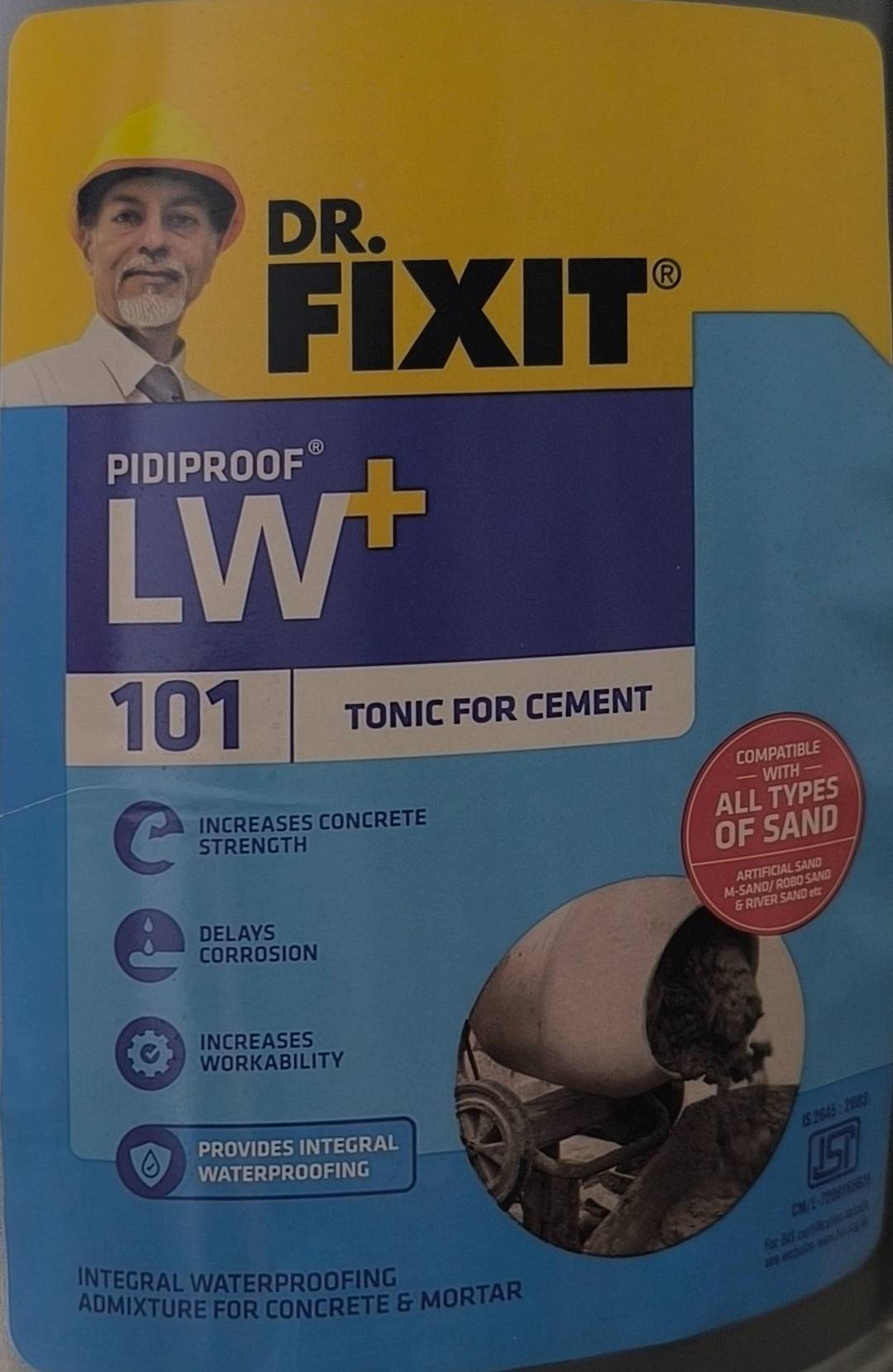 Dr. Fixit Pidiproof LW+ 101 Waterproofing Admixture, a white liquid in a container, designed to be mixed with concrete and mo