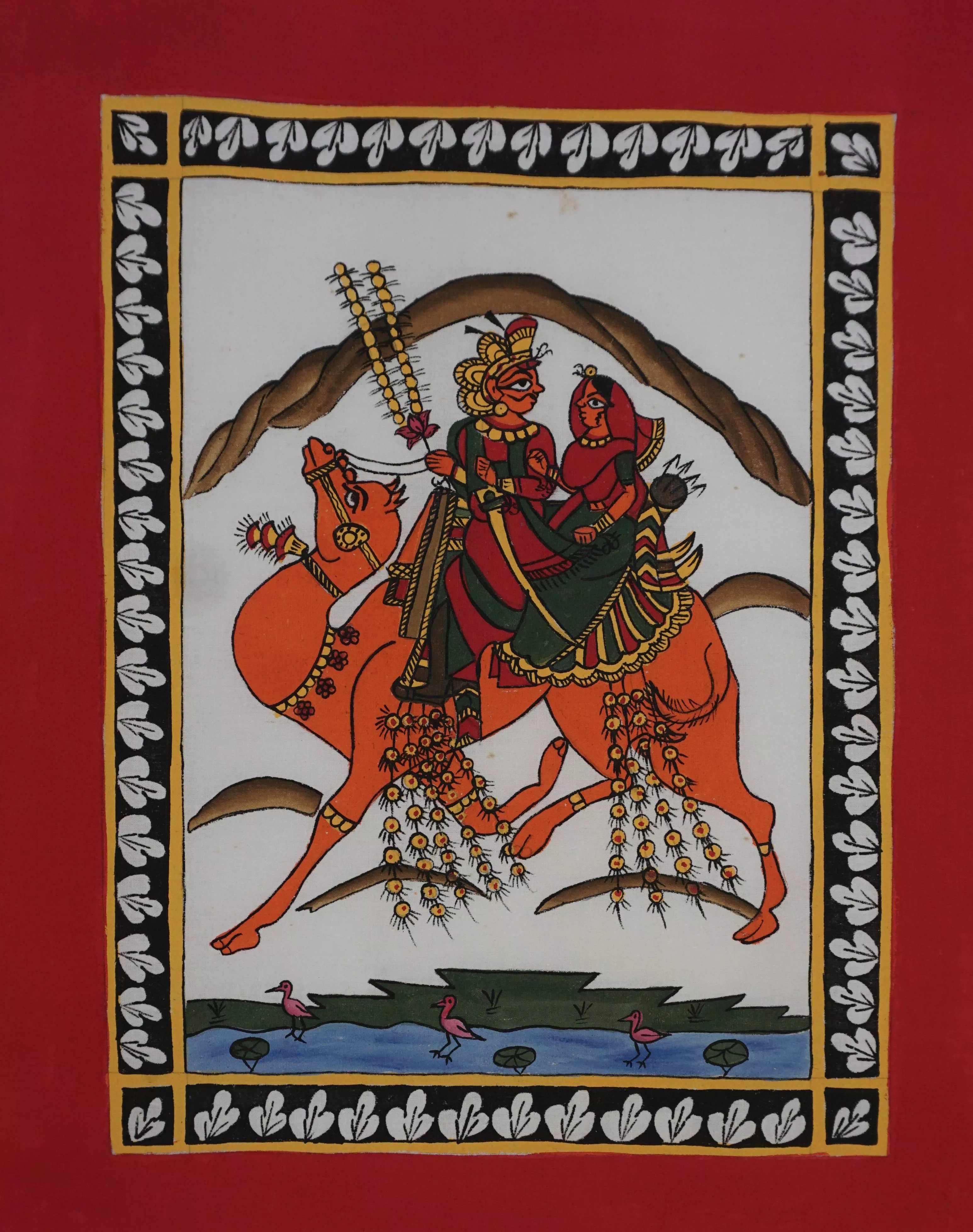 Intricate Dhol-Maru Phad Artwork depicting a royal couple on camel, acrylic on canvas, 18x18 inches, Jaipur.
