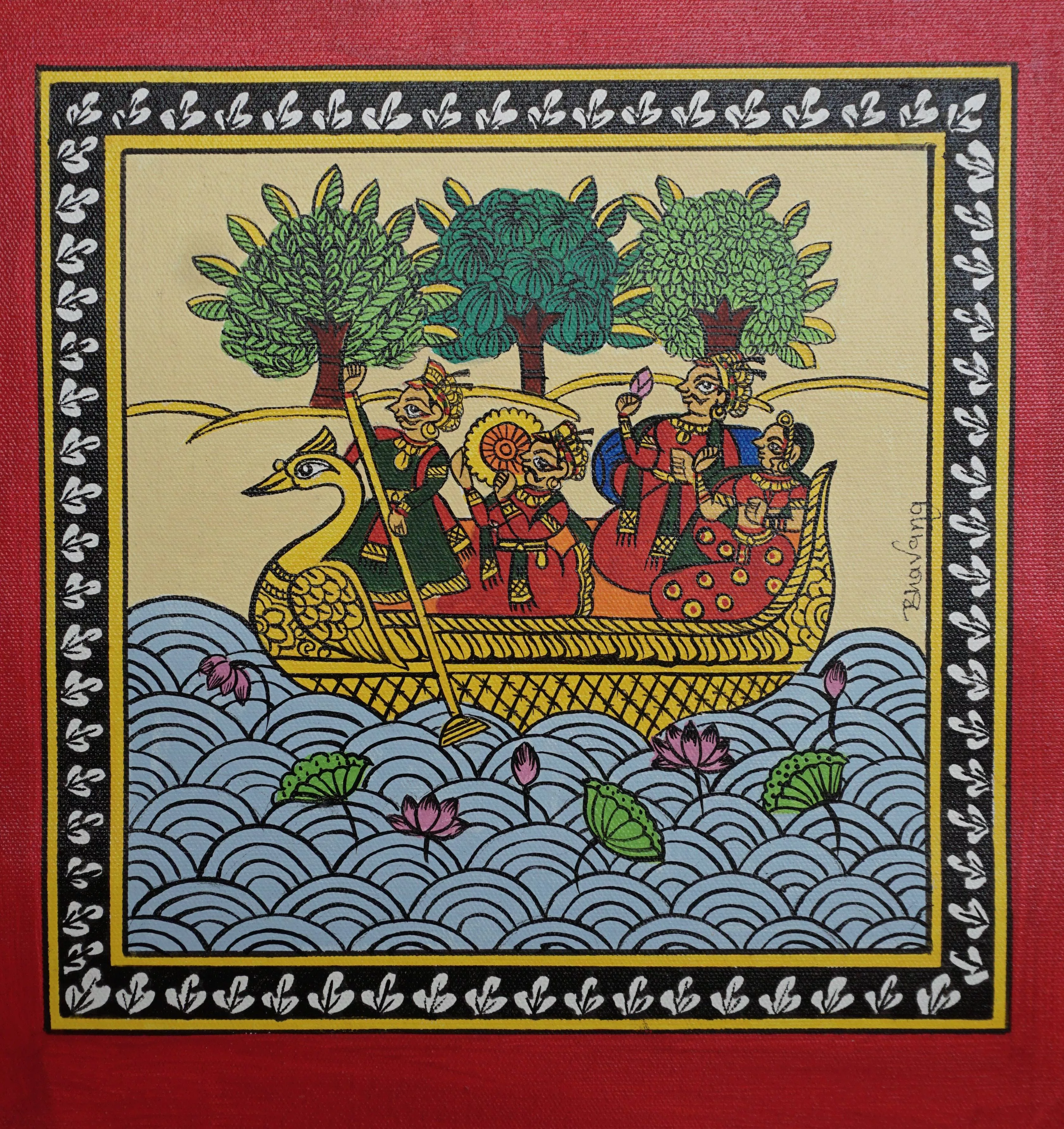 Beautiful Phad Artwork Nauka Vihar Boat Ride painted in acrylic on canvas, measuring 18x18 inches, showcasing traditional des