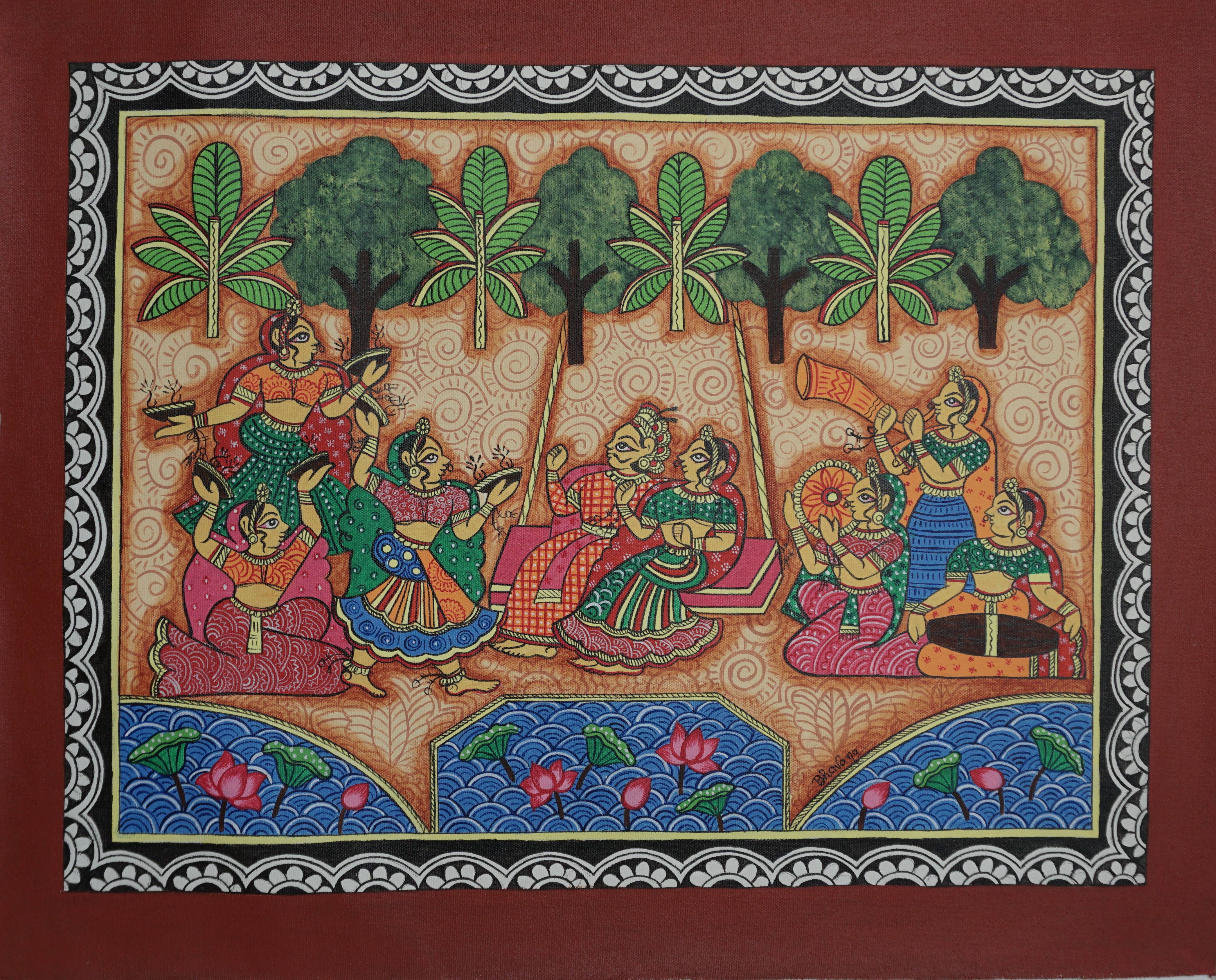 Phad Artstyle Royal Couple in Garden Sculpture featuring intricate details and vibrant colors, suitable for outdoor decor in 