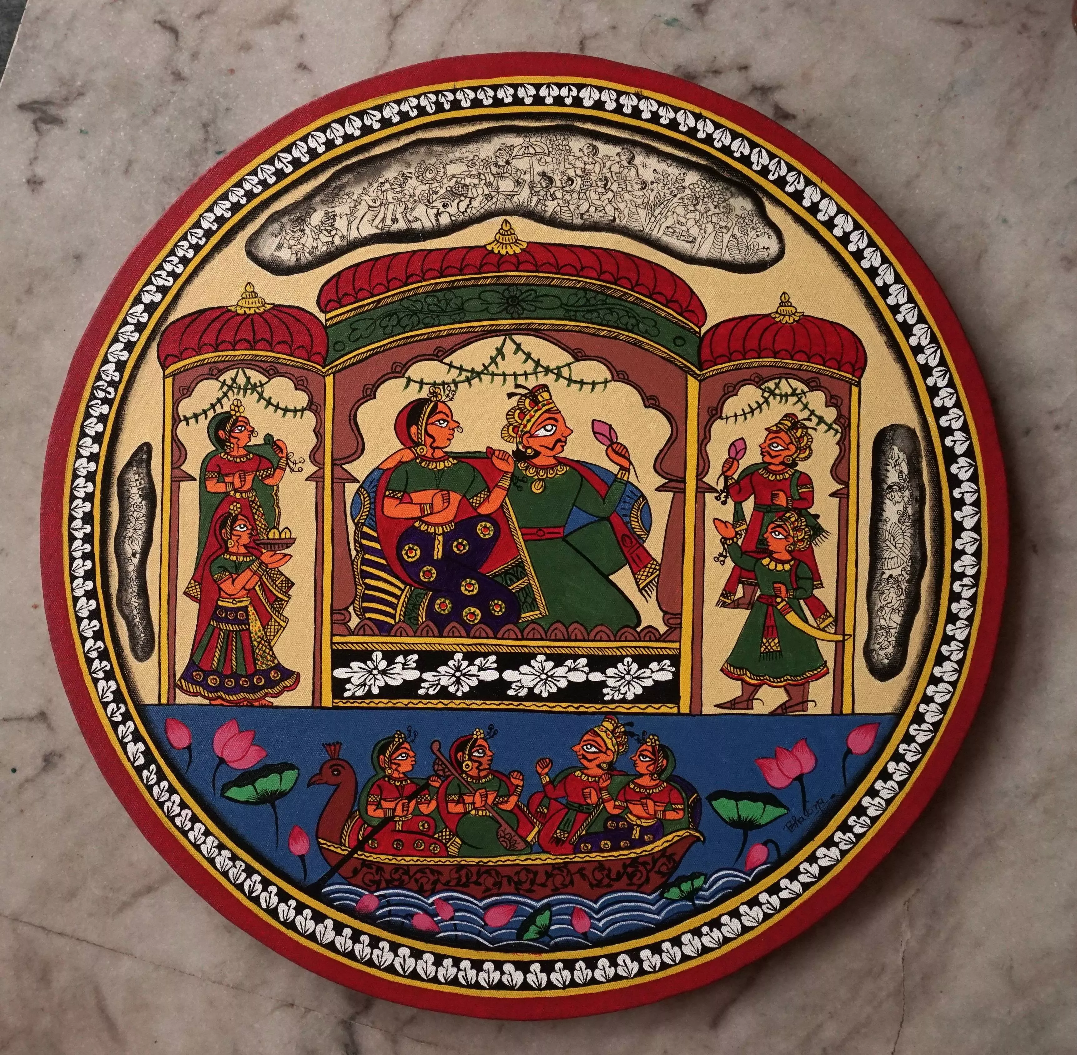Elegant Royal Court-Phad Style Painting featuring traditional motifs, framed and ready to hang, located in Jaipur.