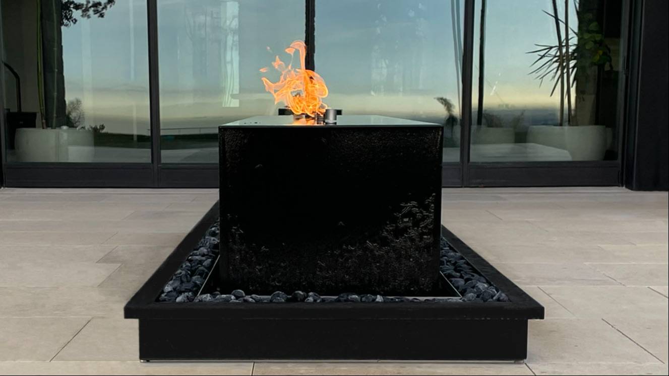 Elegant Granite Water & Fire Feature showcasing mesmerizing flames and cascading water in New Delhi, designed to enhance indo