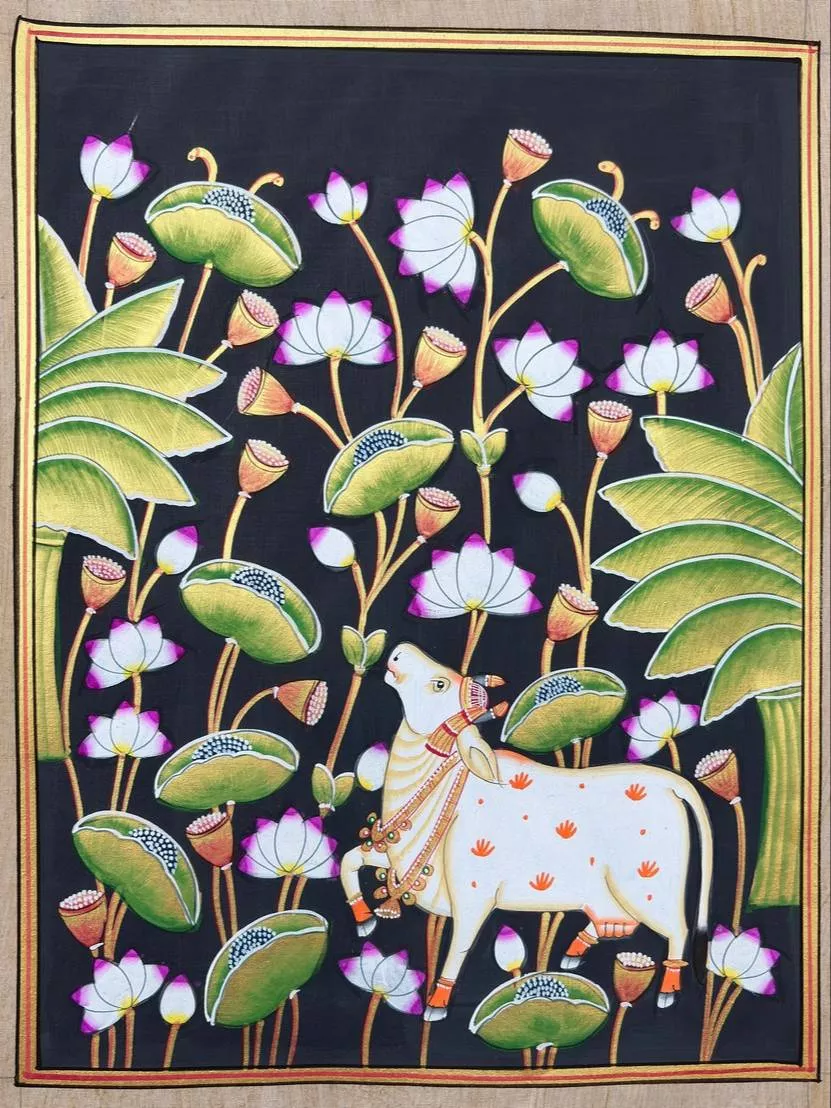 Vibrant Kamdhenu silk artwork in Kamal Talai-Pichwai style, featuring intricate designs, available unframed, measuring 11x14 