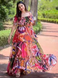 Elegant floral maxi dress in Mansarovar, Jaipur featuring a flowing design and vibrant colors perfect for any occasion.