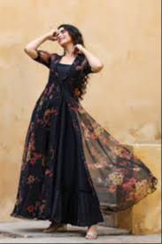 Stunning black floral embroidered maxi dress with sheer overlay, designed for elegance, available at TURPAI in Jaipur.