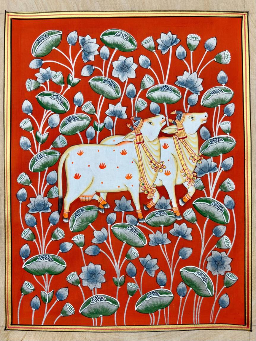 CHITRABHOOMI - A pair of Cows in Kamal Talai-Pichwai artwork Jaipur in Jaipur