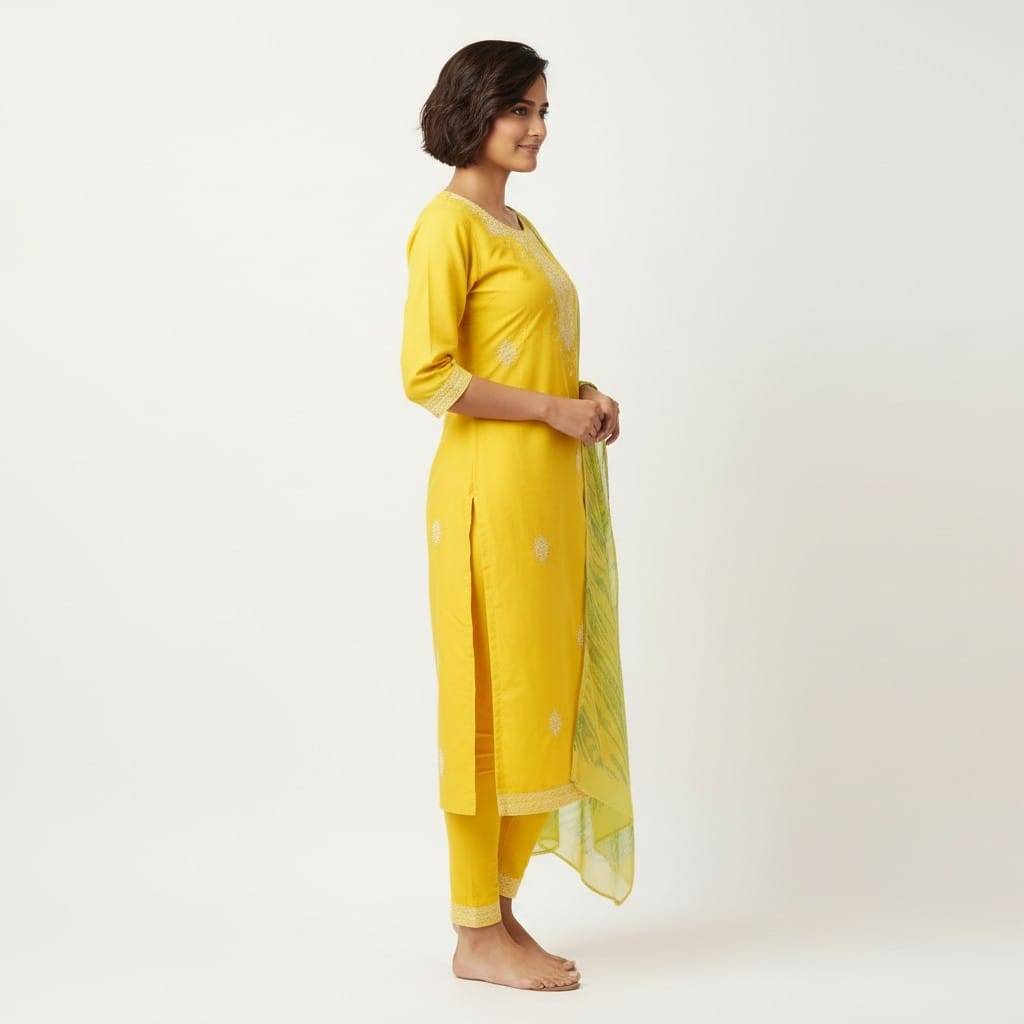 Stylish yellow embroidered kurta set with churidar and green dupatta in NARASARAOPET, showcasing intricate designs and vibran