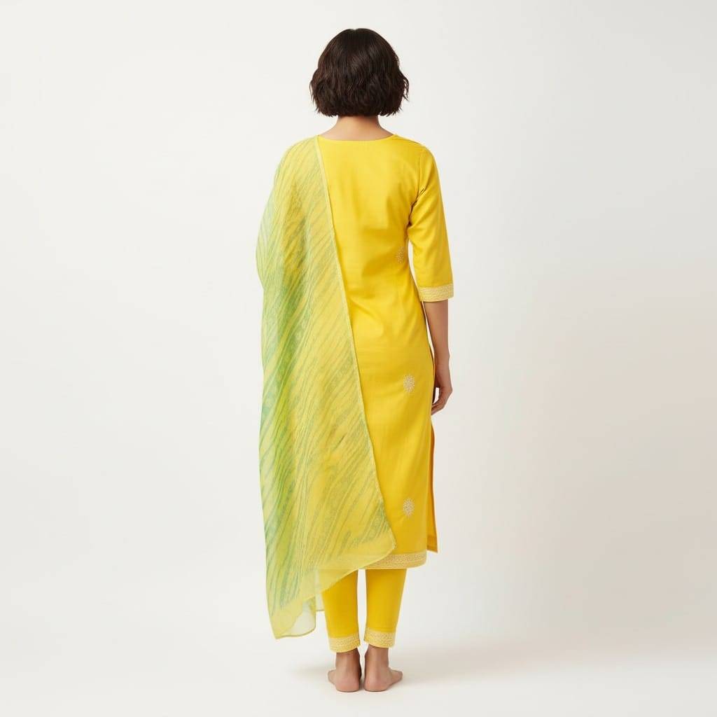 Stylish yellow embroidered kurta set with churidar and green dupatta in NARASARAOPET, showcasing intricate designs and vibran - Image 1