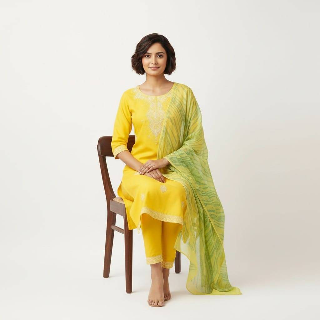 Stylish yellow embroidered kurta set with churidar and green dupatta in NARASARAOPET, showcasing intricate designs and vibran - Image 2