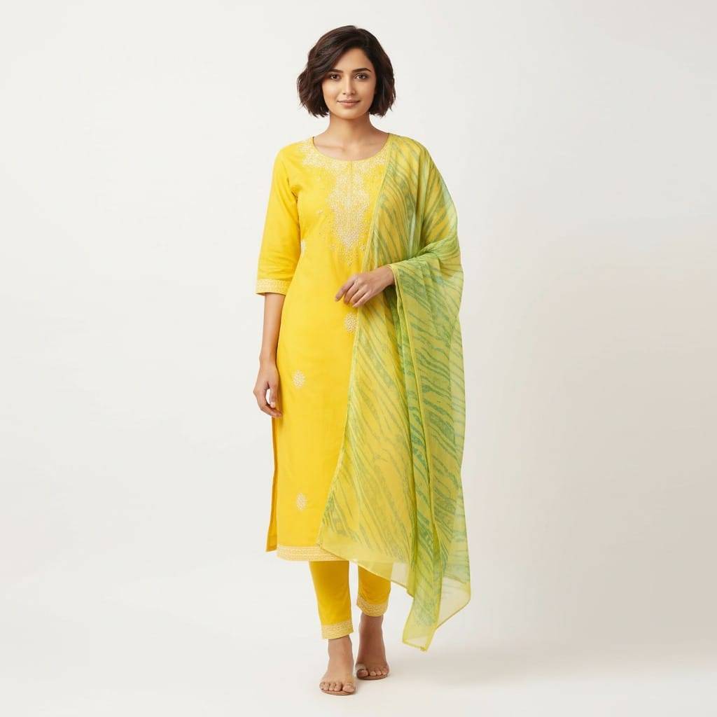 Stylish yellow embroidered kurta set with churidar and green dupatta in NARASARAOPET, showcasing intricate designs and vibran - Image 3