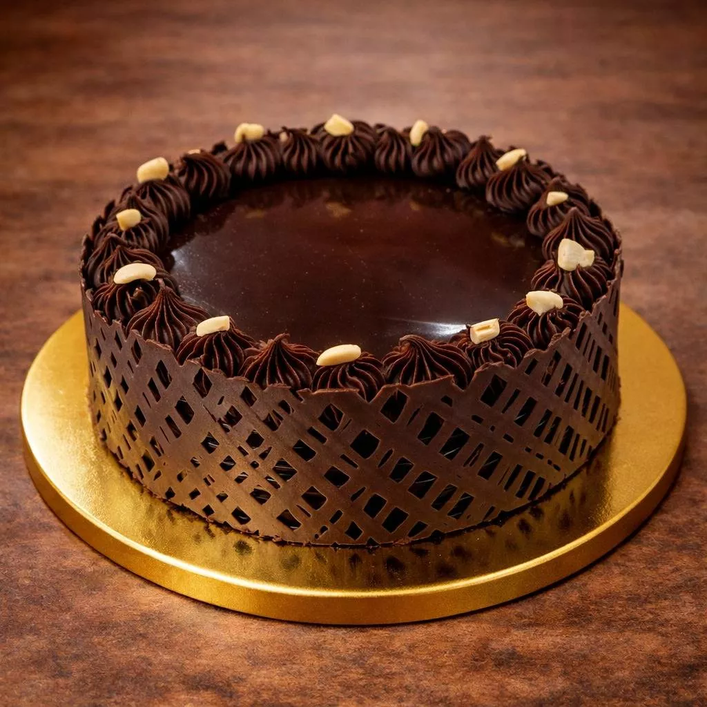Rich Hazelnut Chocolate Cake with creamy frosting and hazelnut garnish in Pune, served on a decorative plate