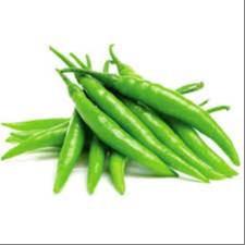 Fresh green chillies displayed in a vibrant bunch, showcasing their crisp texture and bright green color, available at BABLOO