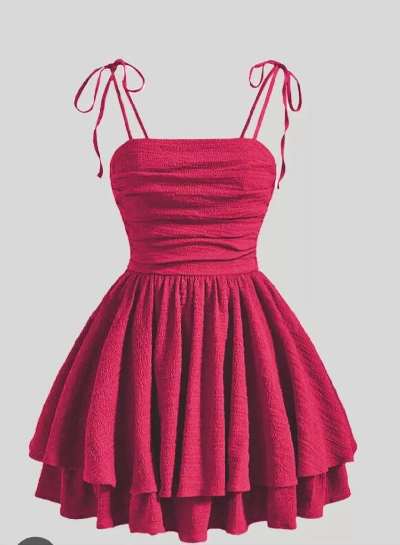 Elegant Ruched Party Dress in Yairipok — red dress with tie straps and ruched design, perfect for special occasions.