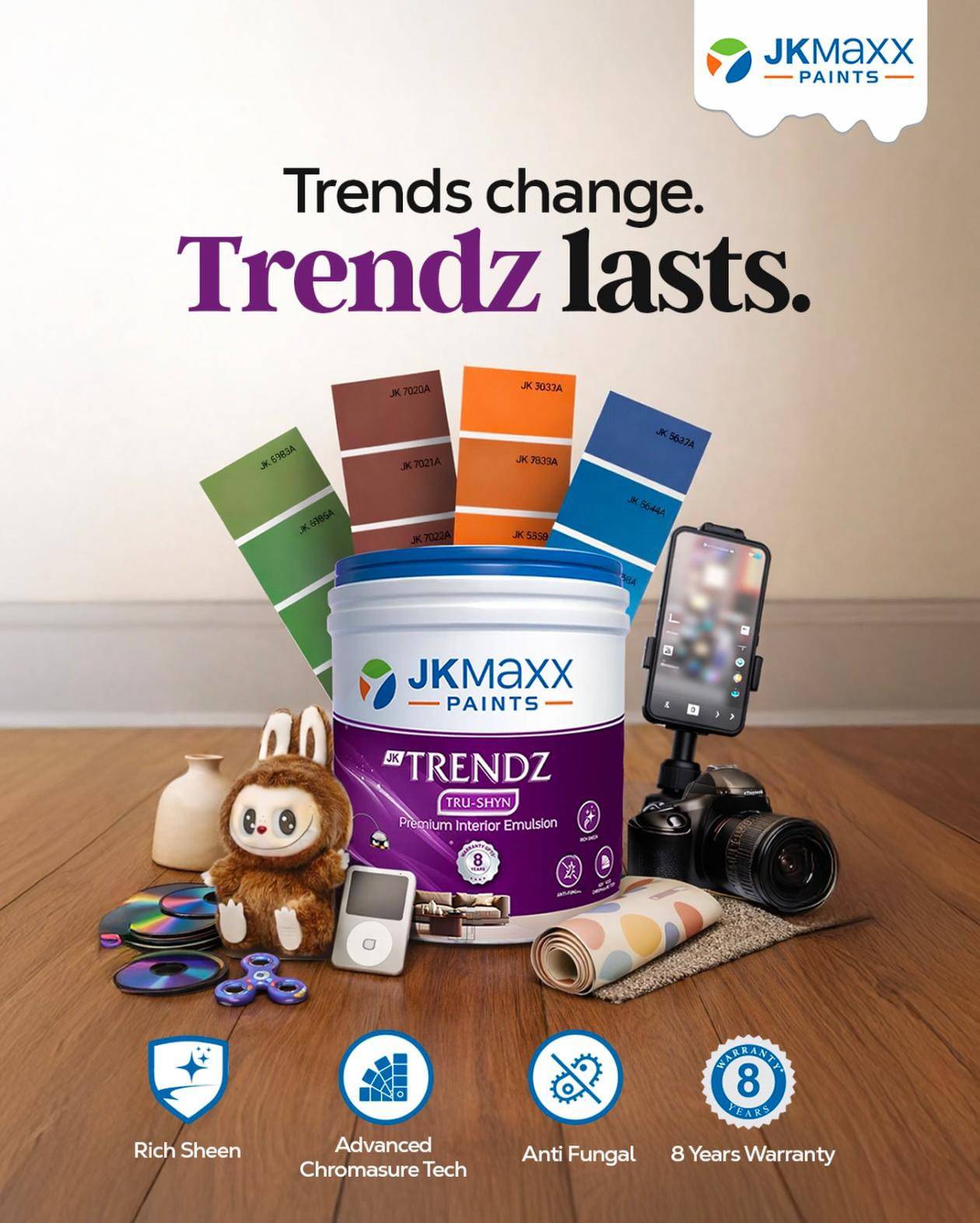 Premium interior emulsion JK Maxx Trendz True Shyn 4L showcasing a rich sheen finish, ideal for elegant home interiors, avail - Image 1