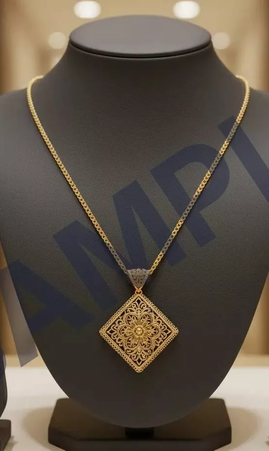 Delicate gold filigree necklace with square pendant, perfect for elegant occasions, Jewelry/Elegant Gold Filigree Necklace in