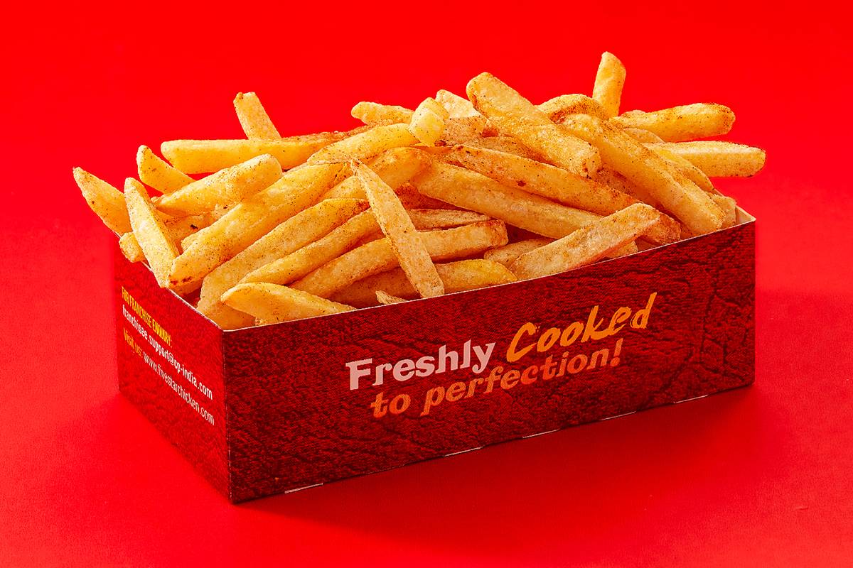 Delicious, crispy French fries with a golden texture served in a large portion at FIVE STAR CHICKEN in Hyderabad