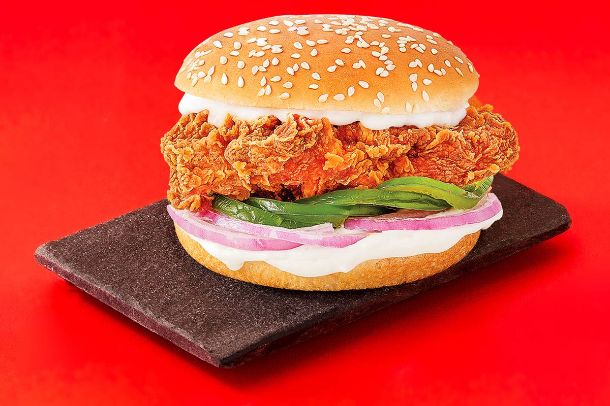 Delicious Hot Crispy Chicken Burger with a crunchy patty and fresh veggies served from FIVE STAR CHICKEN in Hyderabad