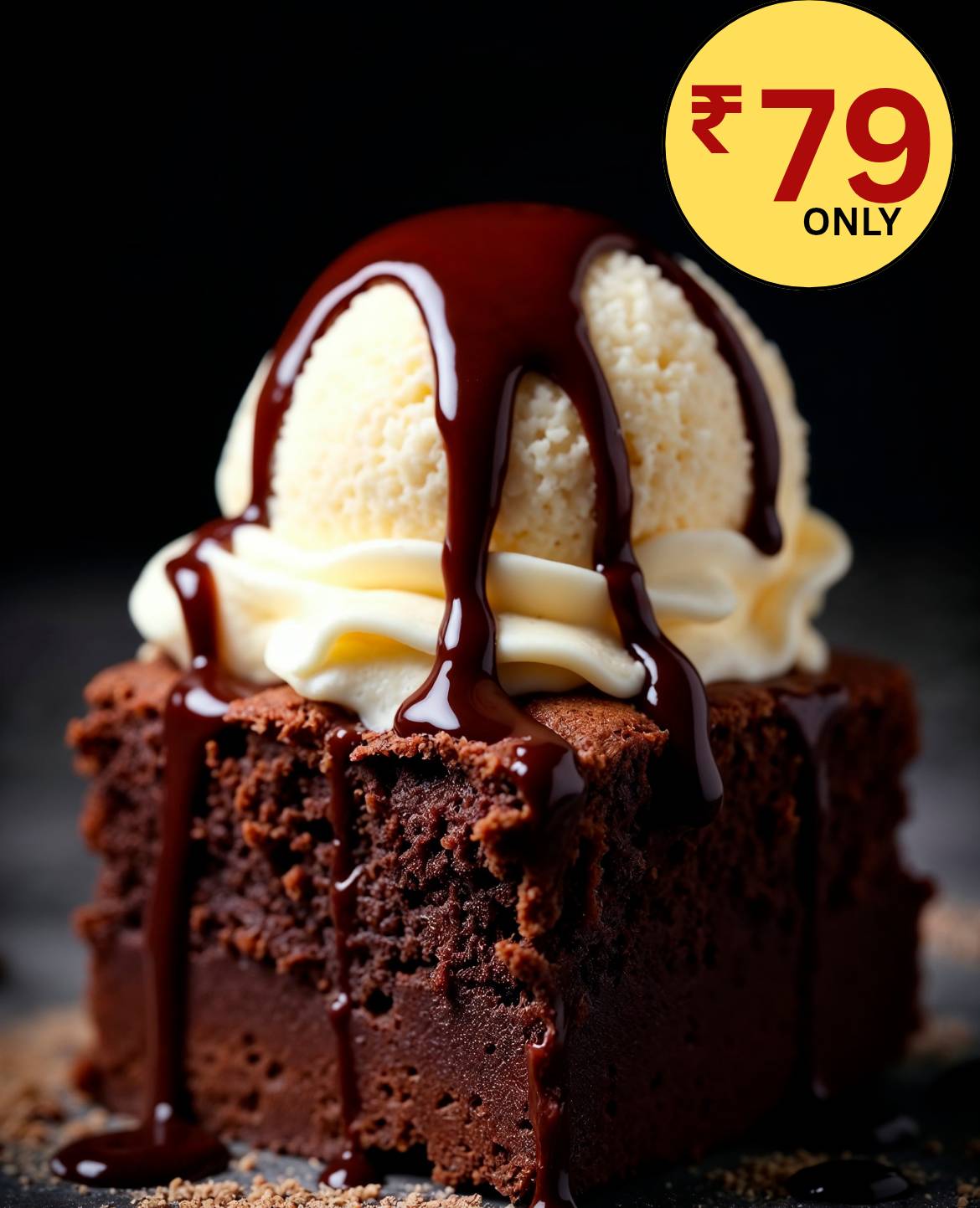 Delicious chocolate brownie topped with creamy ice cream and rich chocolate sauce, served at FIVE STAR CHICKEN, Hyderabad.