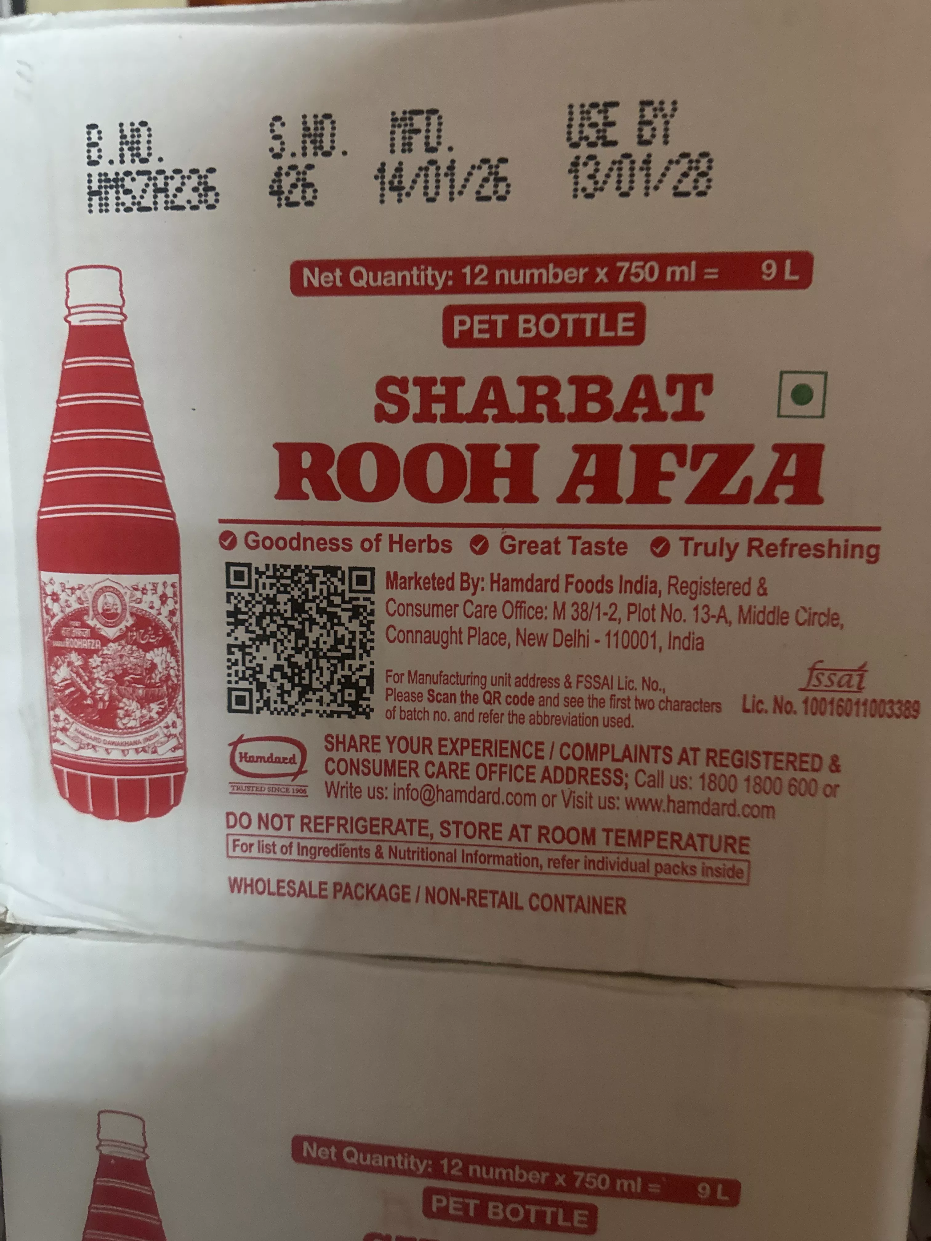 A vibrant bottle of Rooh Afza Sharbat with refreshing herbal ingredients, showcased in Phullanwala, illustrating its cooling 