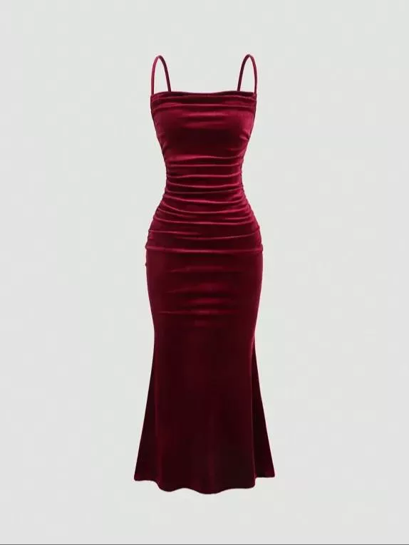 Sophisticated velvet evening dress with adjustable straps, perfect for elegant occasions, available in BISHNUPUR.